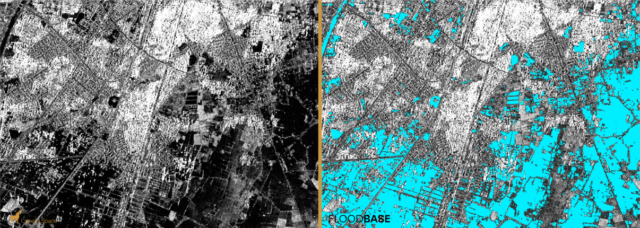 Figure1: (left) Capella Space very high resolution synthetic aperture radar (SAR) image acquired over Larkana, Pakistan on 31st August 2022, and (right) Flood map produced by Floodbase proprietary technology annotated in light blue.